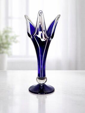 Vintage Cobalt Blue Art Glass Swung Vase Murano Style Tall Sculptural